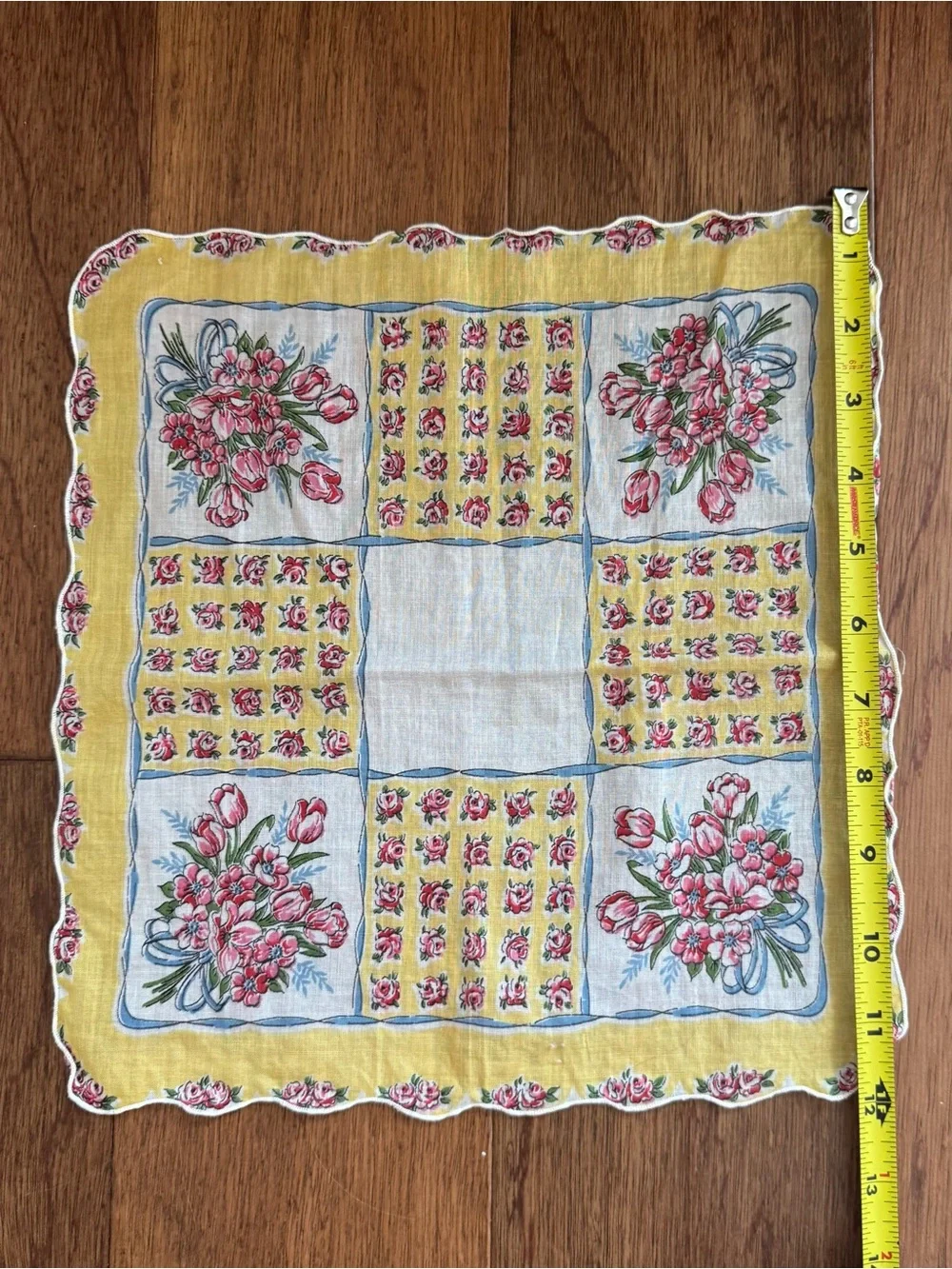 3 Vintage  Floral Embroidered and Crochet-Trim Handkerchiefs Yellow Pink & White